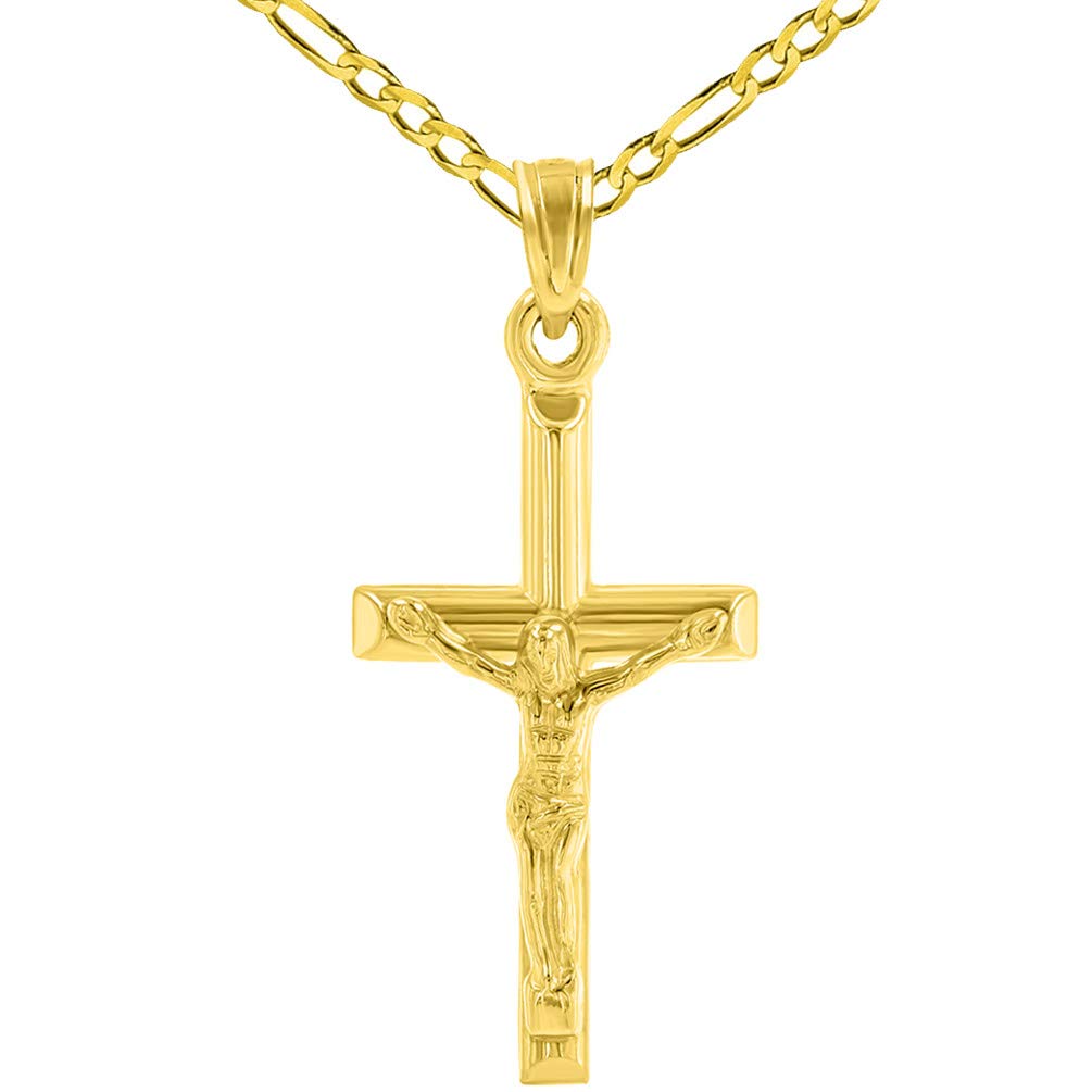 14k Yellow Gold Simple and Classic Cross Crucifix Pendant Figaro Necklace