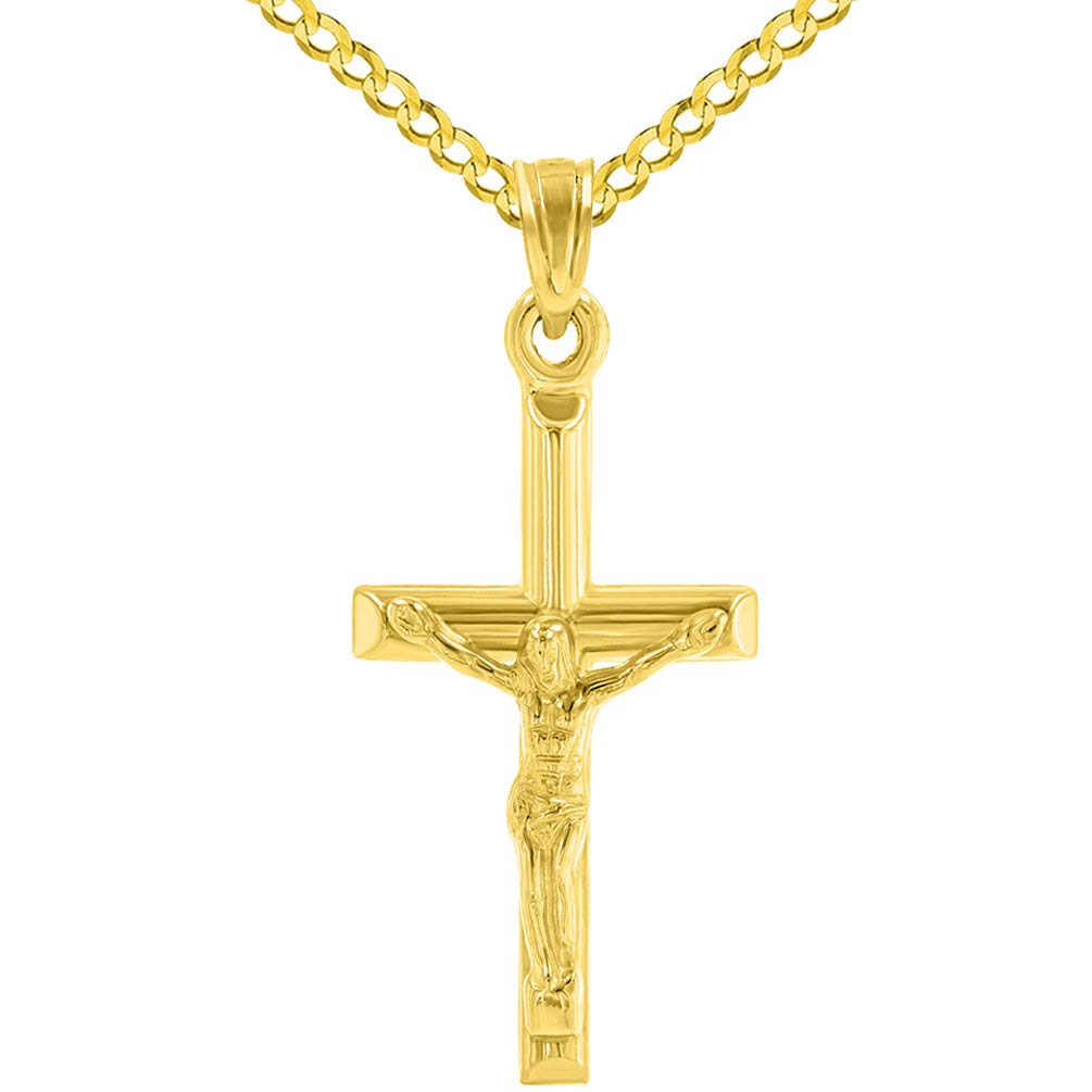 14k Yellow Gold Simple and Classic Cross Crucifix Pendant Cuban Necklace
