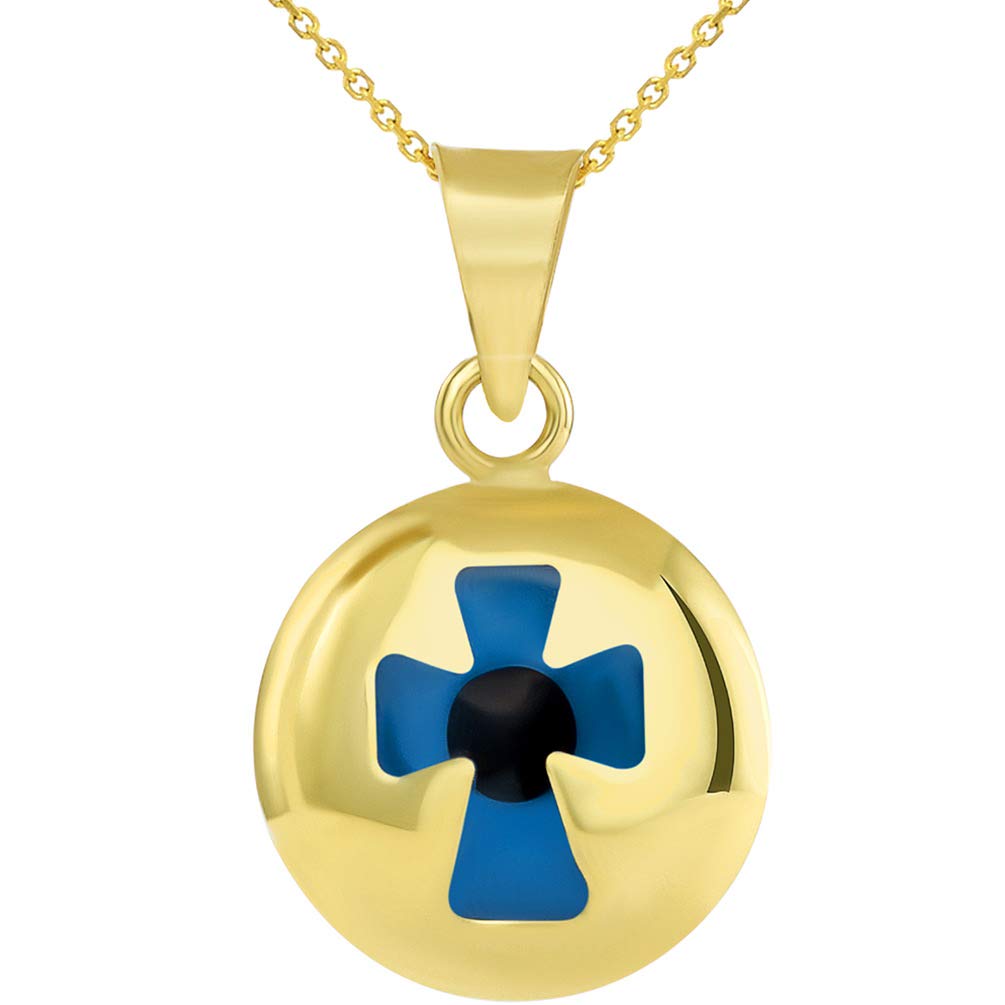 14k Yellow Gold Small Blue Evil Eye Religious Cross Pendant Necklace