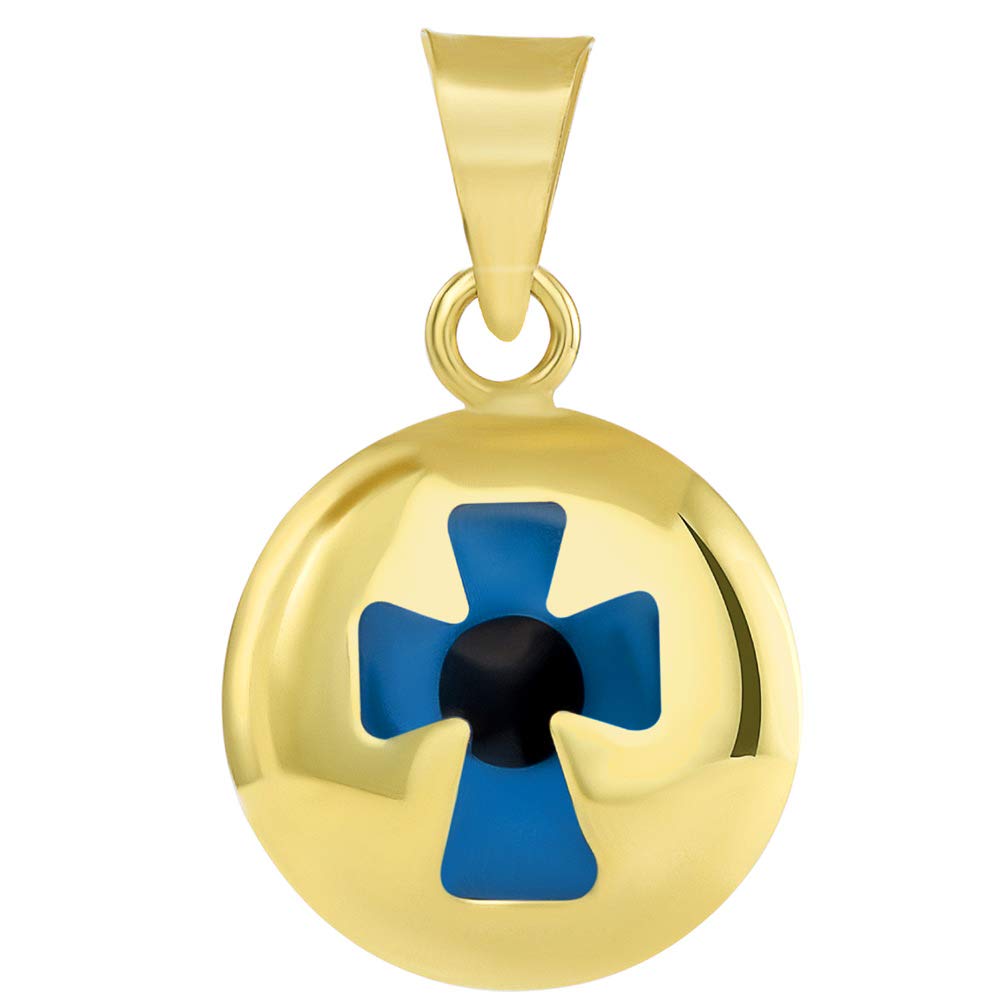 14k Yellow Gold Small Blue Evil Eye Religious Cross Pendant (18.5mm x 12.4mm)