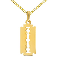 Load image into Gallery viewer, 14k Yellow Gold Small Razor Blade Charm Pendant with Rolo Cable, Cuban Curb, or Figaro Chain Necklace
