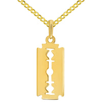 Load image into Gallery viewer, 14k Yellow Gold Small Razor Blade Charm Pendant with Rolo Cable, Cuban Curb, or Figaro Chain Necklace
