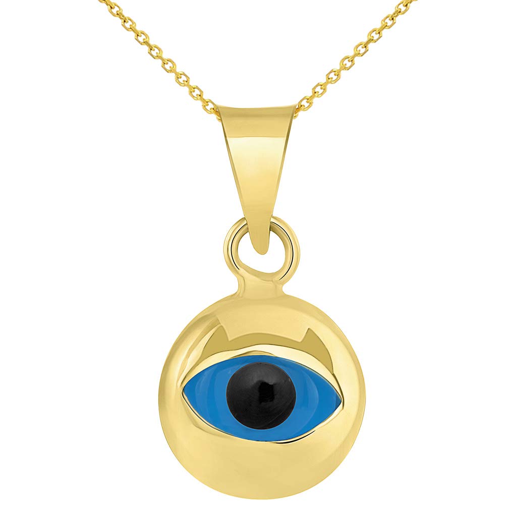 14k Yellow Gold Small Round Shaped Blue Evil Eye Pendant Necklace