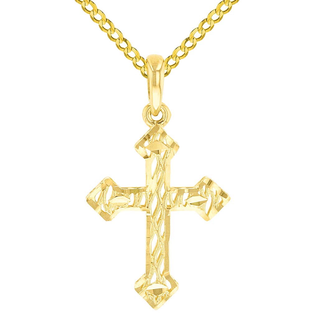 14k Yellow Gold Small Textured Christian Orthodox 3D Cross Pendant Cuban Necklace