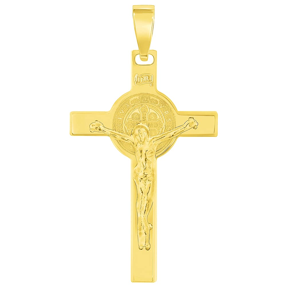 Solid 14k Yellow Gold St. Benedict Crucifix INRI Jesus Cross Pendant with Figaro Chain Necklace (1.25")