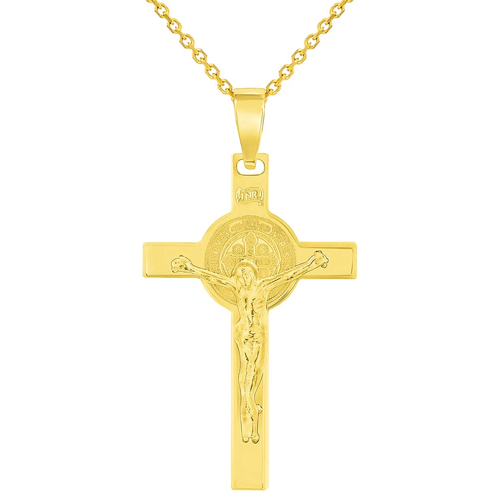 Solid 14k Yellow Gold St. Benedict Crucifix INRI Jesus Cross Pendant Necklace (1.25")