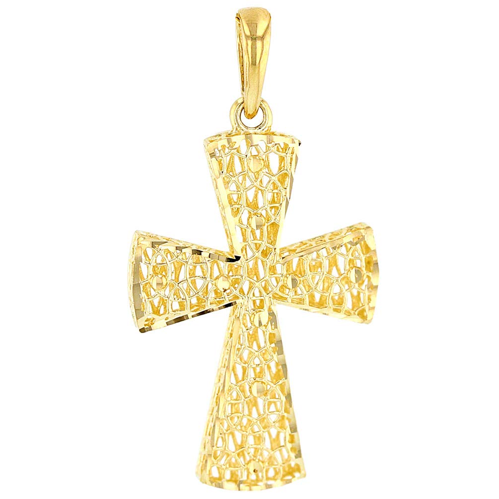 14k Yellow Gold Textured 3D Filigree Catholic Cross Pendant (Small)