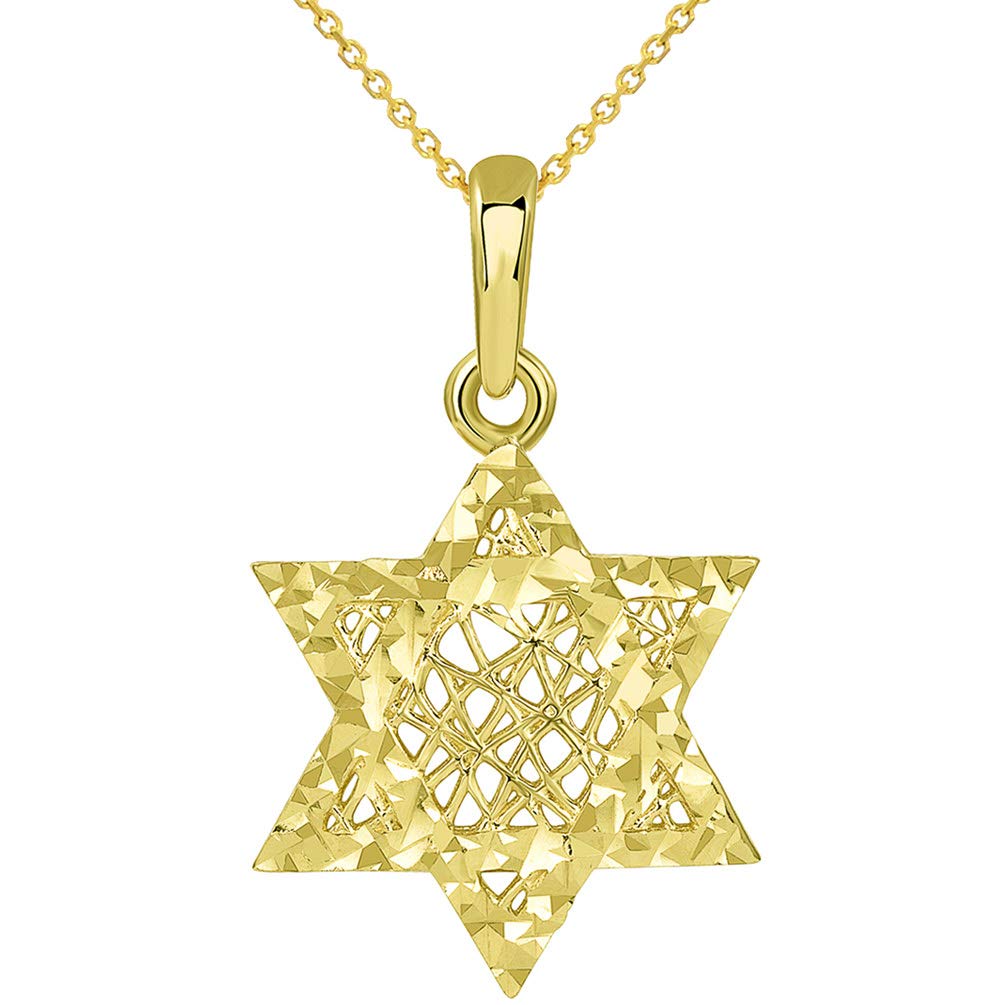14k Yellow Gold Textured 3D Jewish Star of David Pendant Necklace