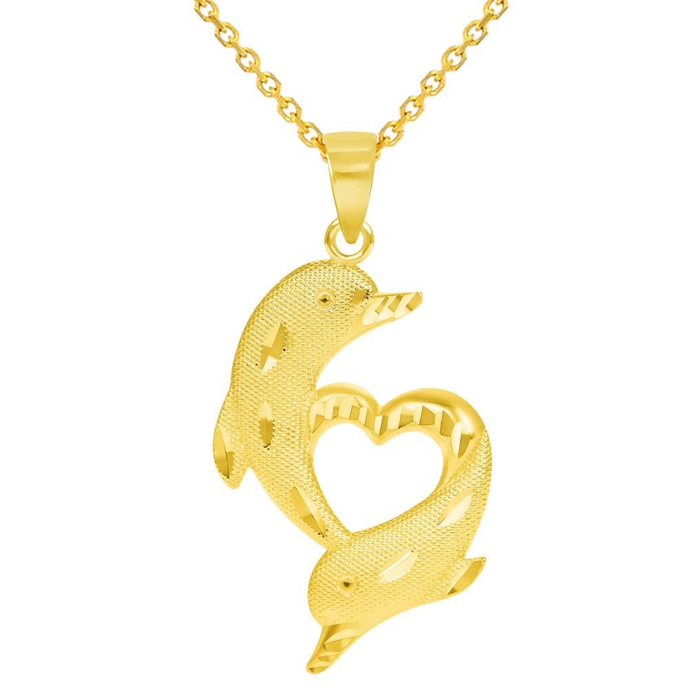 14k Yellow Gold Textured Dolphin Heart Pendant Necklace