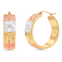 Load image into Gallery viewer, 14k Yellow Gold Textured Tri-Tone Flat Hoops Wide Earrings with Latch Back- 3 Sizes
