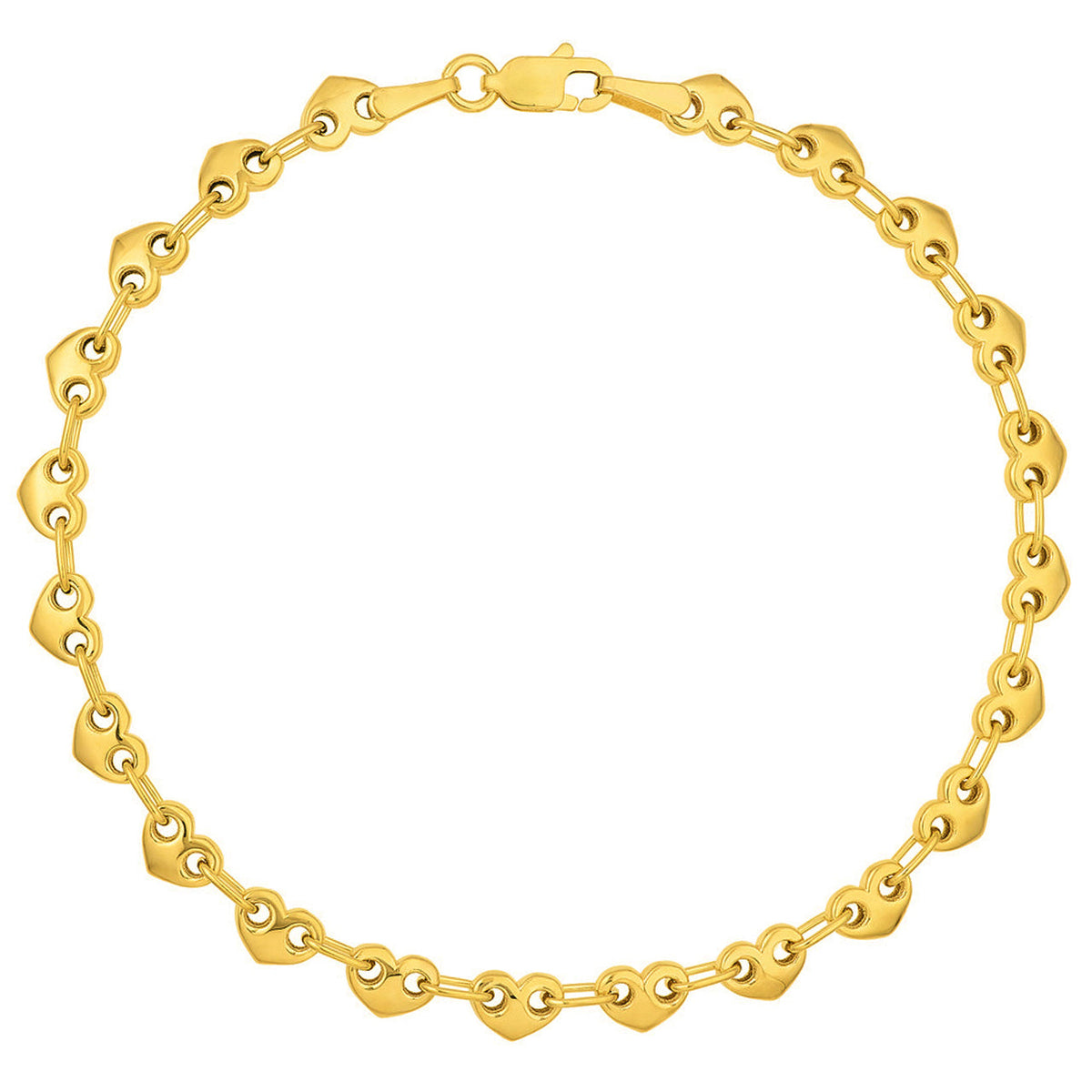 14k Yellow Gold Thin and Small Puffed Heart Link Bracelet with Lobster Lock