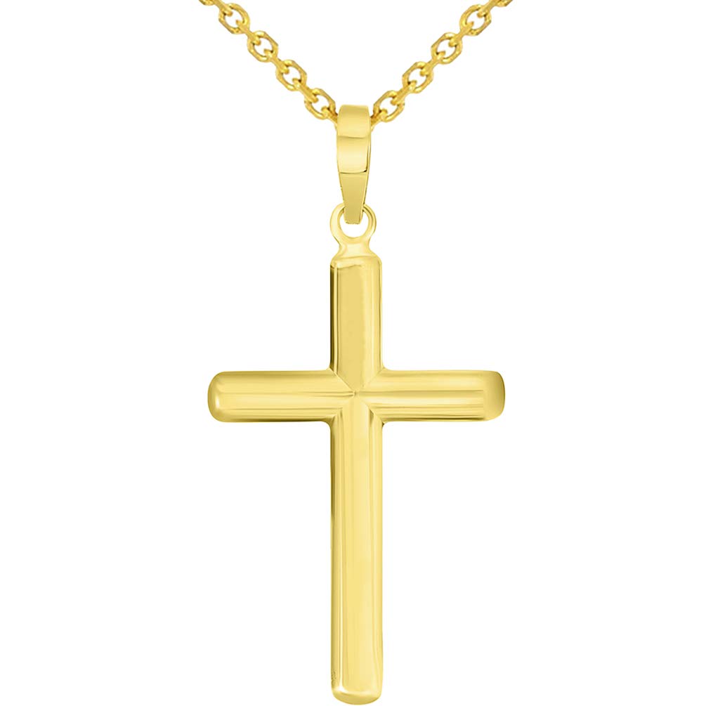 14k Solid Yellow Gold Traditional Religious Plain Cross Pendant Necklace with Rolo, Cuban, or Figaro Chain Necklaces