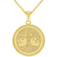 Load image into Gallery viewer, 14k Solid Yellow Gold Tree of Life Medallion Pendant with Rolo Cable, Cuban Curb, or Figaro Chain Necklace
