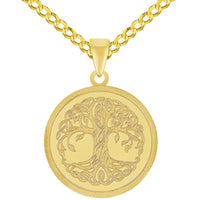 Load image into Gallery viewer, 14k Solid Yellow Gold Tree of Life Medallion Pendant with Rolo Cable, Cuban Curb, or Figaro Chain Necklace
