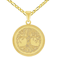 Load image into Gallery viewer, 14k Solid Yellow Gold Tree of Life Medallion Pendant with Rolo Cable, Cuban Curb, or Figaro Chain Necklace
