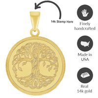 Load image into Gallery viewer, 14k Solid Yellow Gold Tree of Life Medallion Pendant with Rolo Cable, Cuban Curb, or Figaro Chain Necklace
