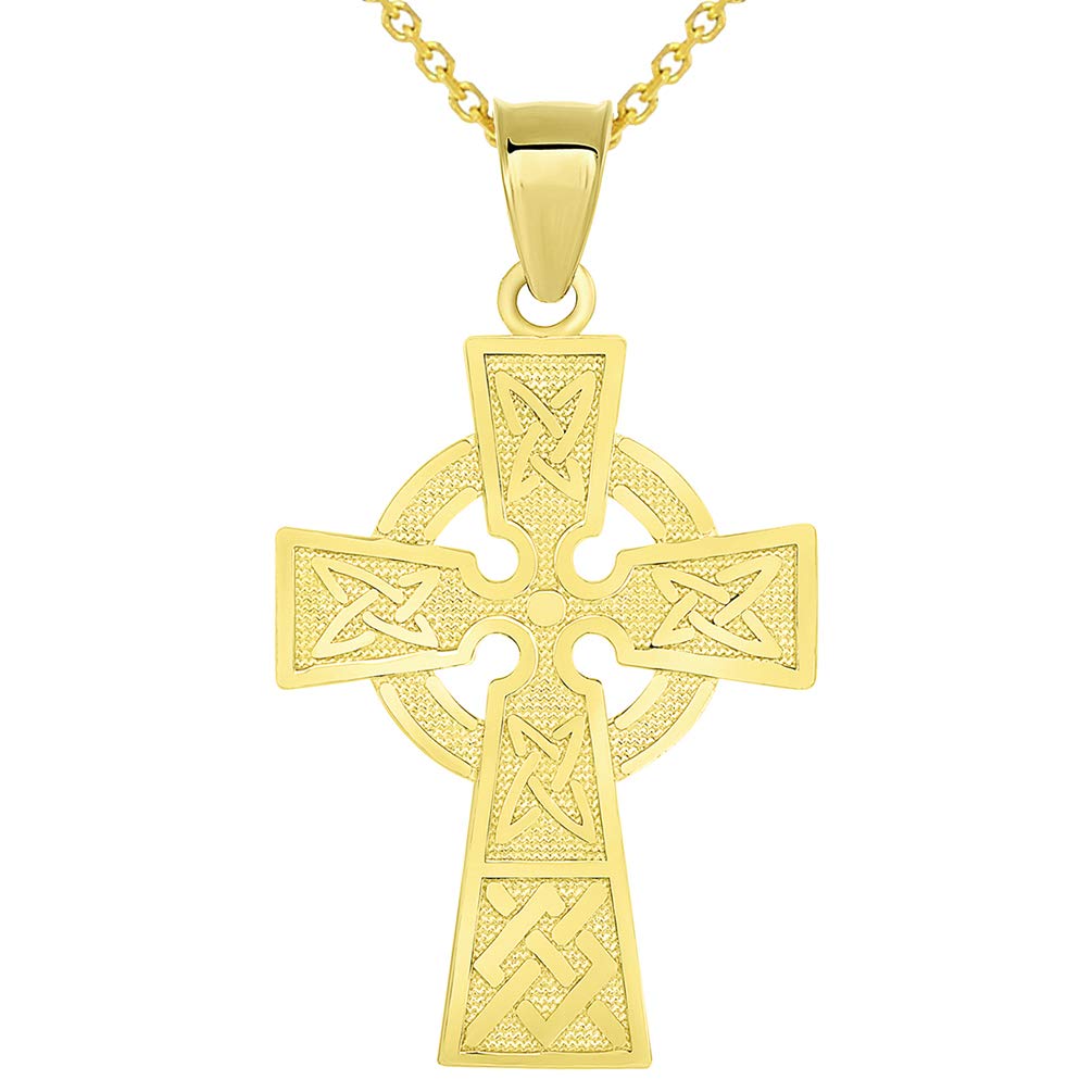 Solid 14k Yellow Gold Trinity Knot Celtic Cross Pendant Necklace