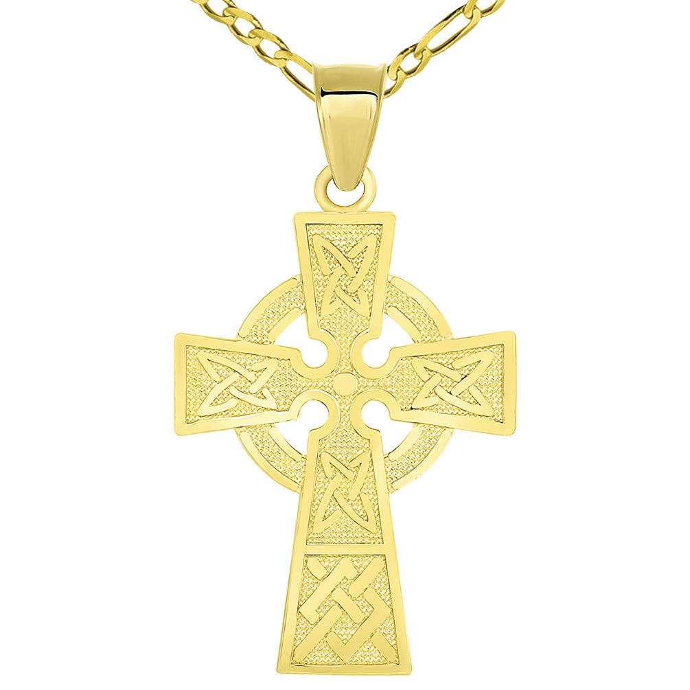 Solid 14k Yellow Gold Trinity Knot Celtic Cross Pendant with Figaro Chain Necklace