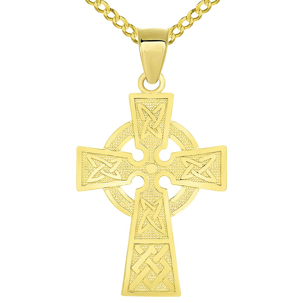 Solid 14k Yellow Gold Trinity Knot Celtic Cross Pendant with Cuban Chain Necklace