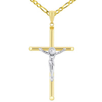 Load image into Gallery viewer, 14k Yellow Gold Tubular Crucifix Two-Tone Cross Pendant with Figaro Chain Necklace
