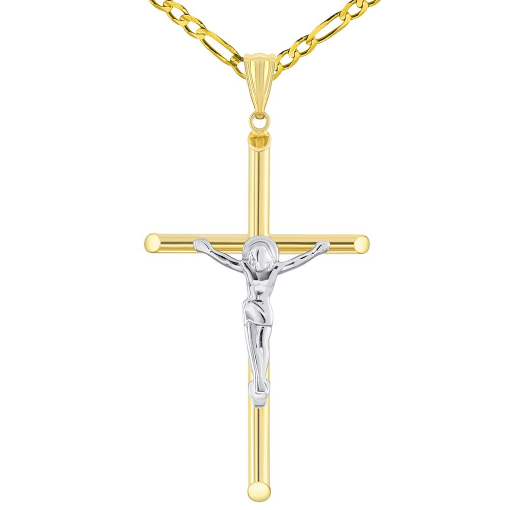 14k Yellow Gold Tubular Crucifix Two-Tone Cross Pendant with Figaro Chain Necklace