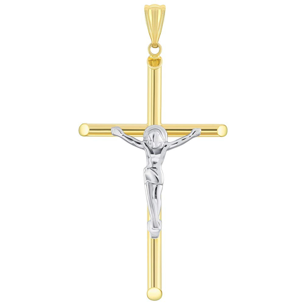 14k Yellow Gold Tubular Crucifix Two-Tone Cross Pendant