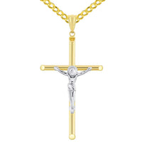 Load image into Gallery viewer, 14k Yellow Gold Tubular Crucifix Two-Tone Cross Pendant with Curb Chain Necklace
