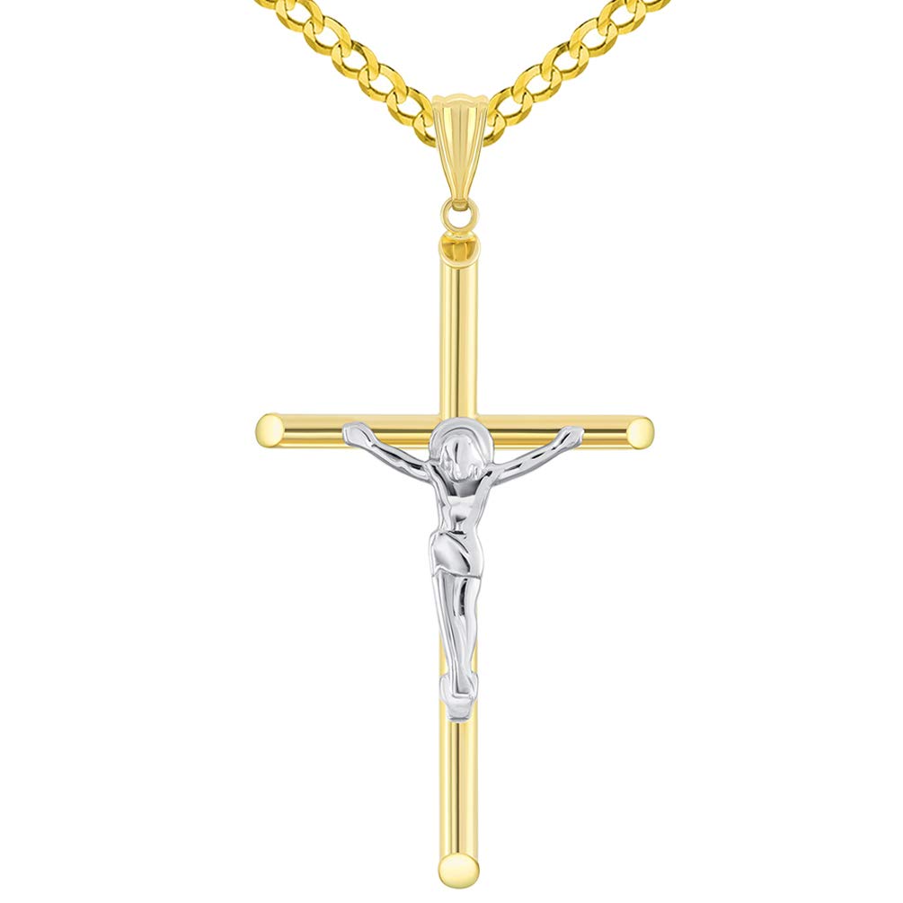 14k Yellow Gold Tubular Crucifix Two-Tone Cross Pendant with Curb Chain Necklace