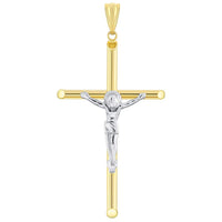 Load image into Gallery viewer, 14k Yellow Gold Tubular Crucifix Two-Tone Cross Pendant with Curb Chain Necklace
