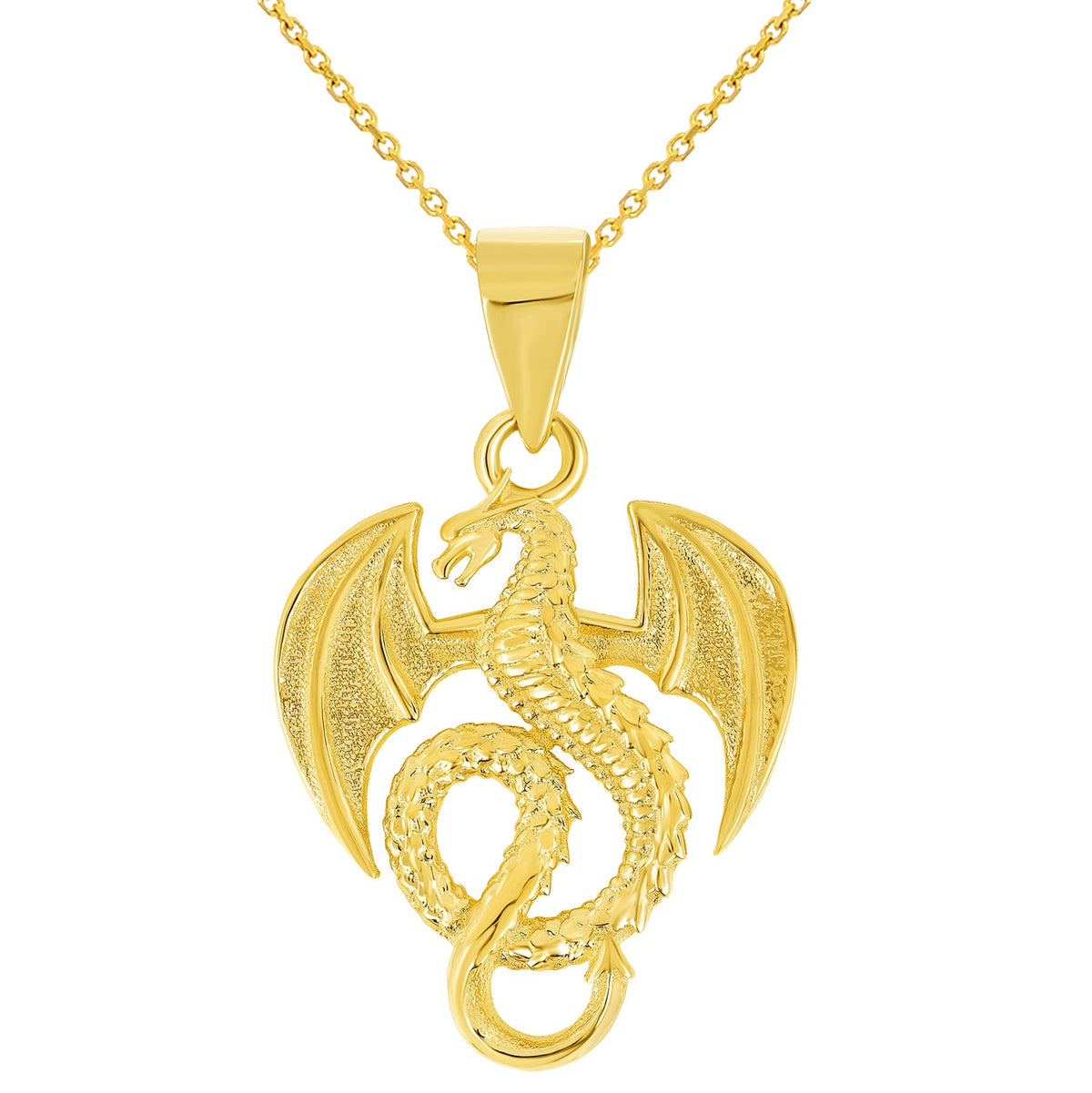 14k Yellow Gold Winged Serpent Dragon Pendant Necklace - Small