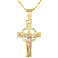 Load image into Gallery viewer, 14k Yellow Gold and Rose Gold Celtic Cross Crucifix Pendant Necklace
