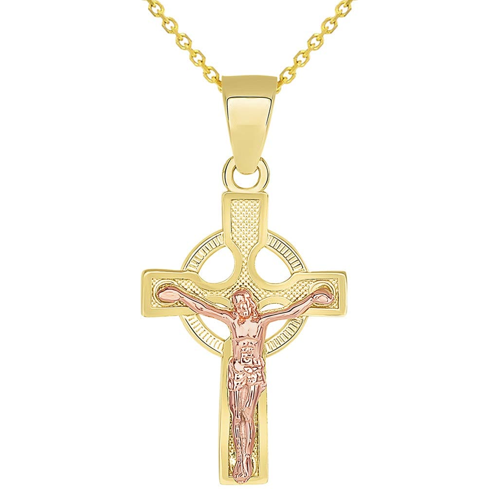 14k Yellow Gold and Rose Gold Celtic Cross Crucifix Pendant Necklace