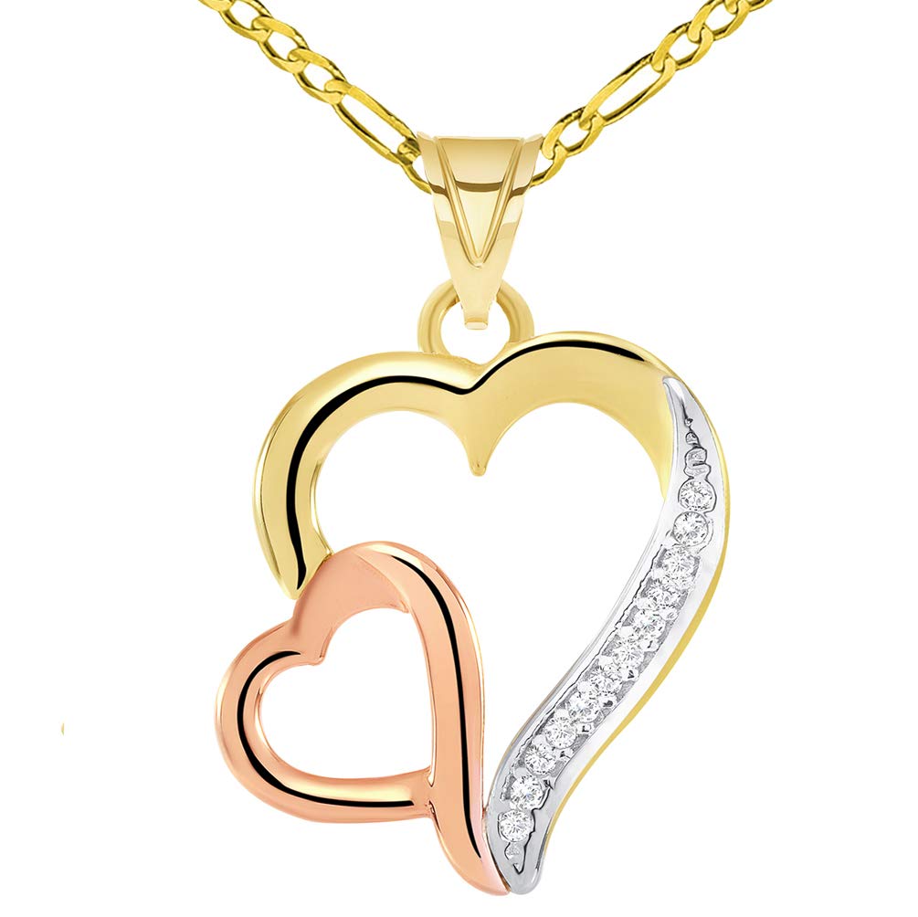 14k Yellow and Rose Gold Cubic Zirconia Double Open Hearts Pendant with Figaro Chain Necklace