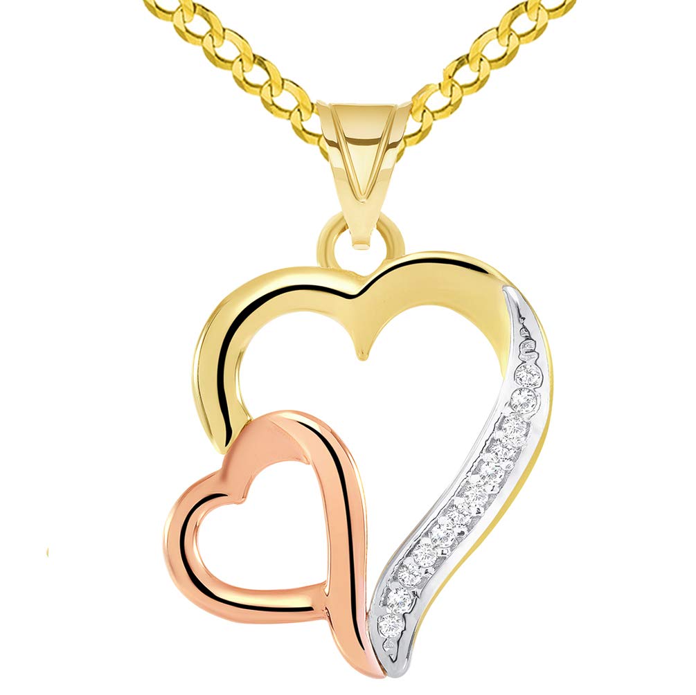14k Yellow and Rose Gold Cubic Zirconia Double Open Hearts Pendant with Curb Chain Necklace