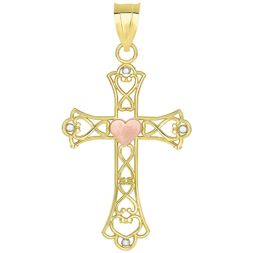 14k Yellow Gold and Rose Gold Open Love Knot Heart Cross Pendant