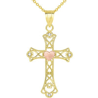 Load image into Gallery viewer, 14k Yellow Gold and Rose Gold Open Love Knot Heart Cross Pendant Necklace
