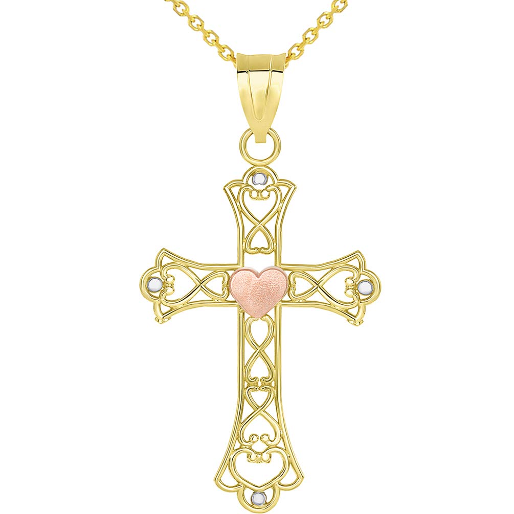 14k Yellow Gold and Rose Gold Open Love Knot Heart Cross Pendant Necklace