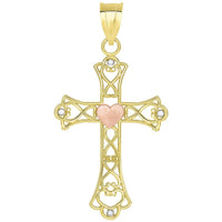 Load image into Gallery viewer, 14k Yellow Gold and Rose Gold Open Love Knot Heart Cross Pendant Necklace
