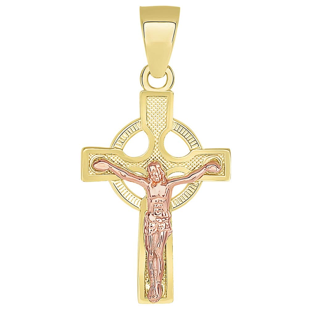 14k Yellow Gold and Rose Gold Small Celtic Cross Crucifix Pendant