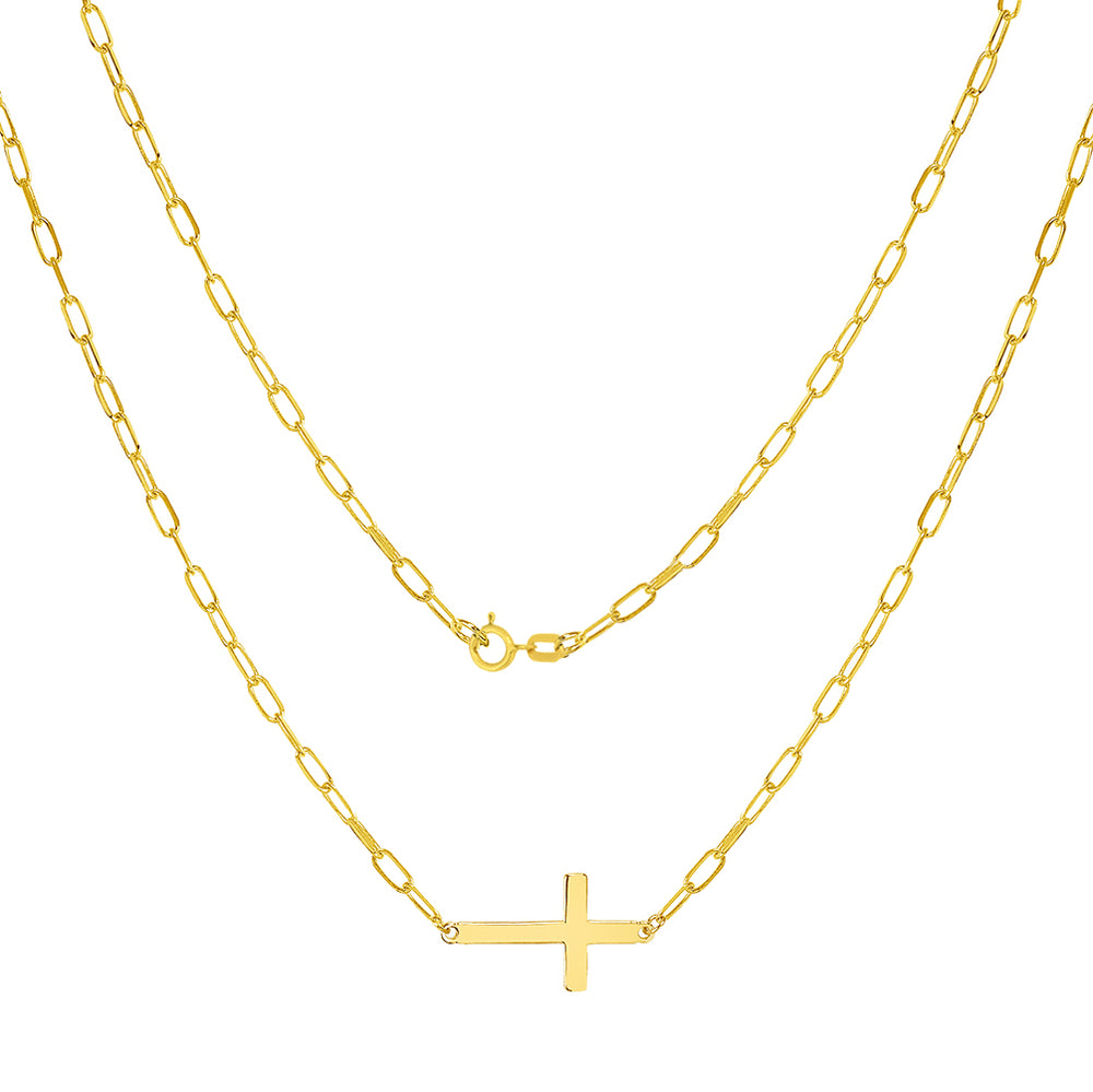 14k Gold 18" Sideways Cross Paperclip Necklace