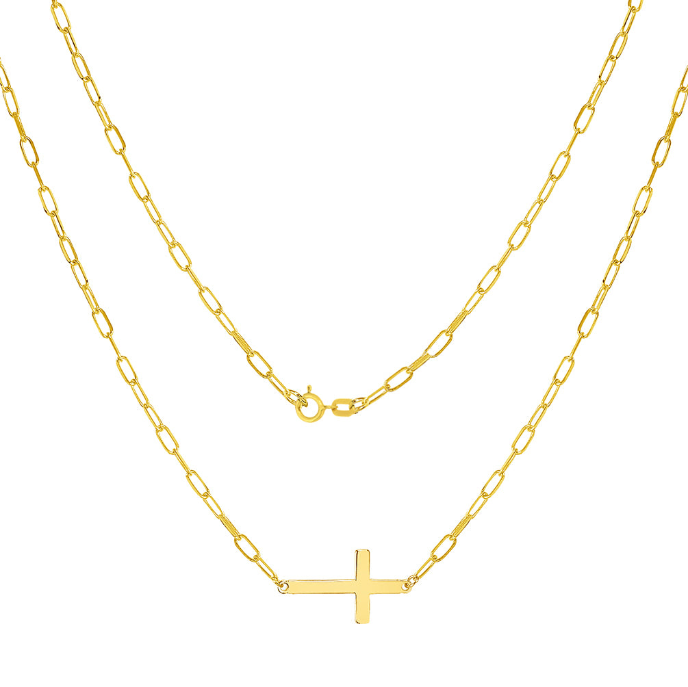 14k Gold 18" Sideways Cross Paperclip Necklace