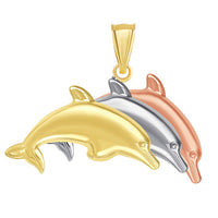 Load image into Gallery viewer, 14k Gold 3-D Three Dolphins Jumping Pendant
