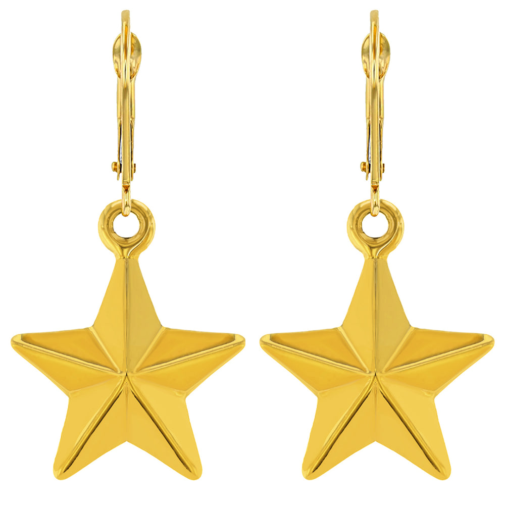 14k Gold 3D Small Star Dangle Drop Earrings