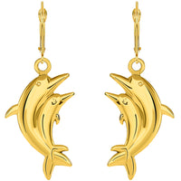 Load image into Gallery viewer, 14k Gold 3D two Dolphins Dangle Drop Earrings
