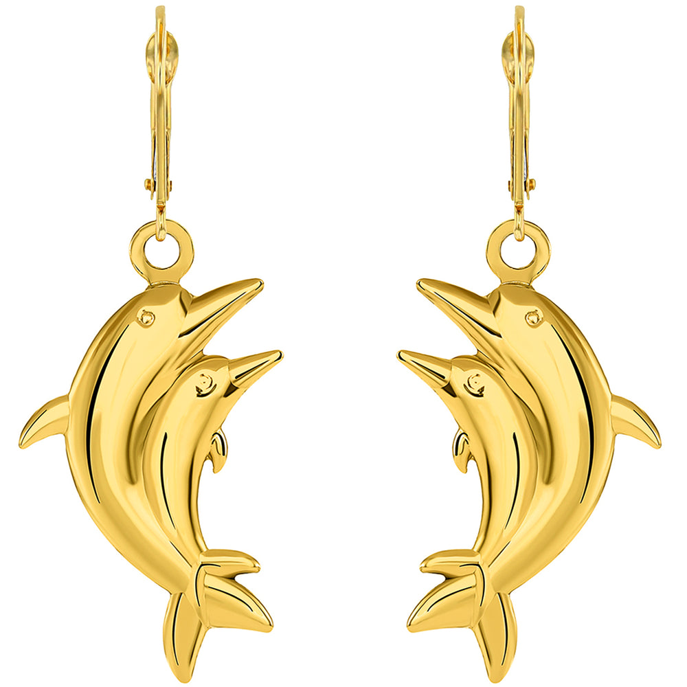14k Gold 3D two Dolphins Dangle Drop Earrings