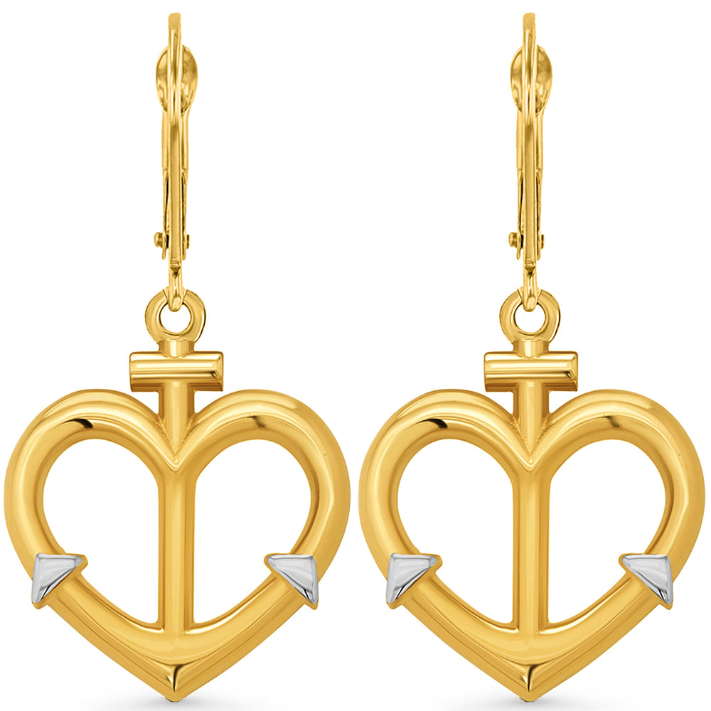 14k Gold Anchor Heart Dangle Drop Earrings