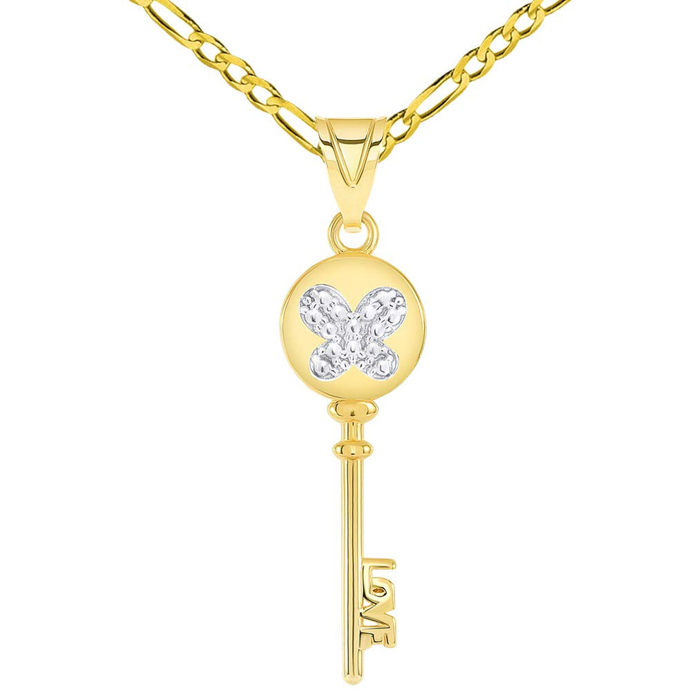 14k Gold Butterfly LoveKey Pendant Figaro Chain