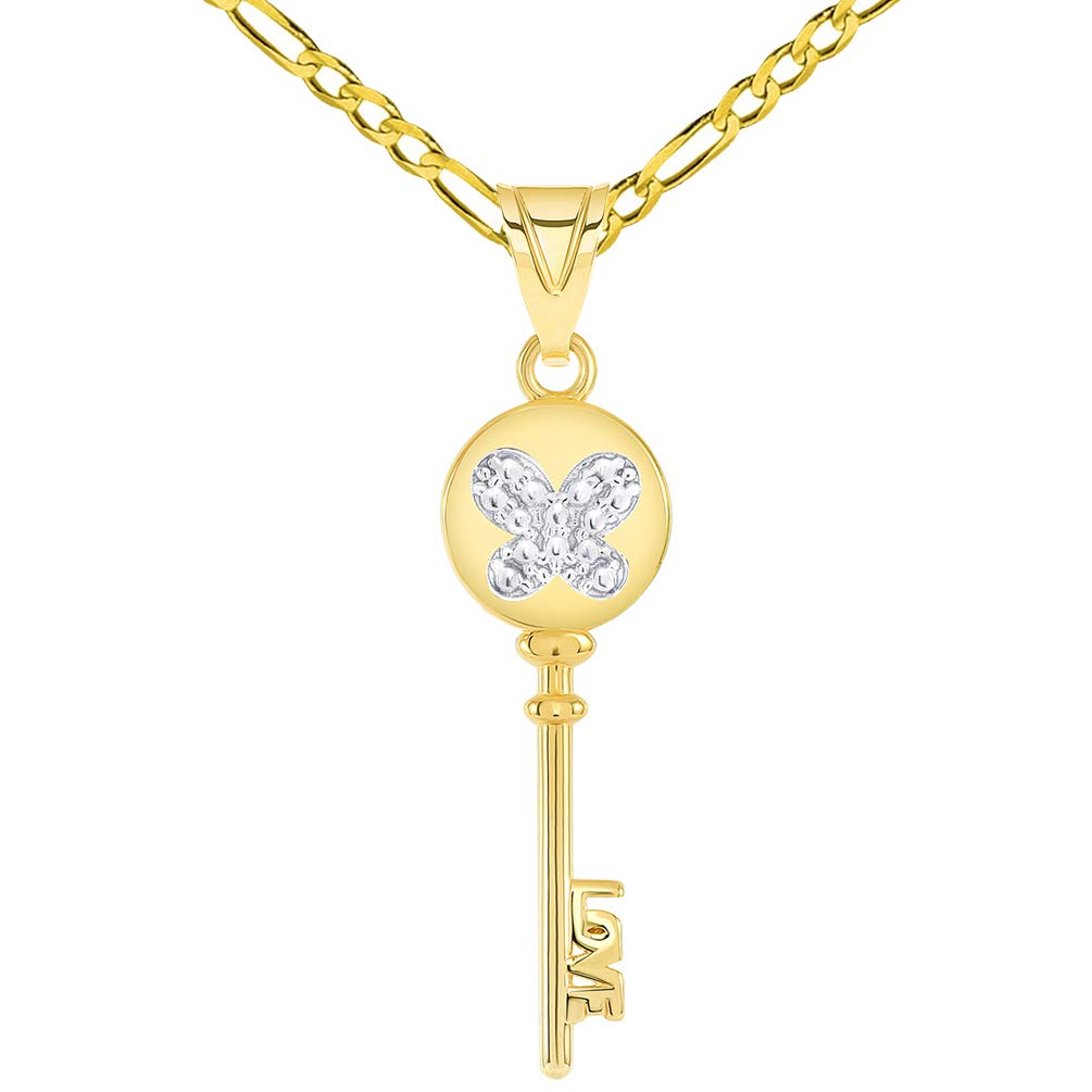 14k Gold Butterfly LoveKey Pendant Figaro Chain