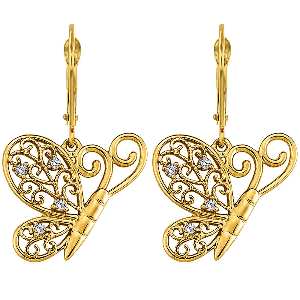 14k Gold Butterfly Wings Dangle Drop Earrings