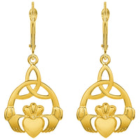 Load image into Gallery viewer, 14k Gold Celtic Trinity Knot with Claddagh Dangle Drop Earrings with Leverback
